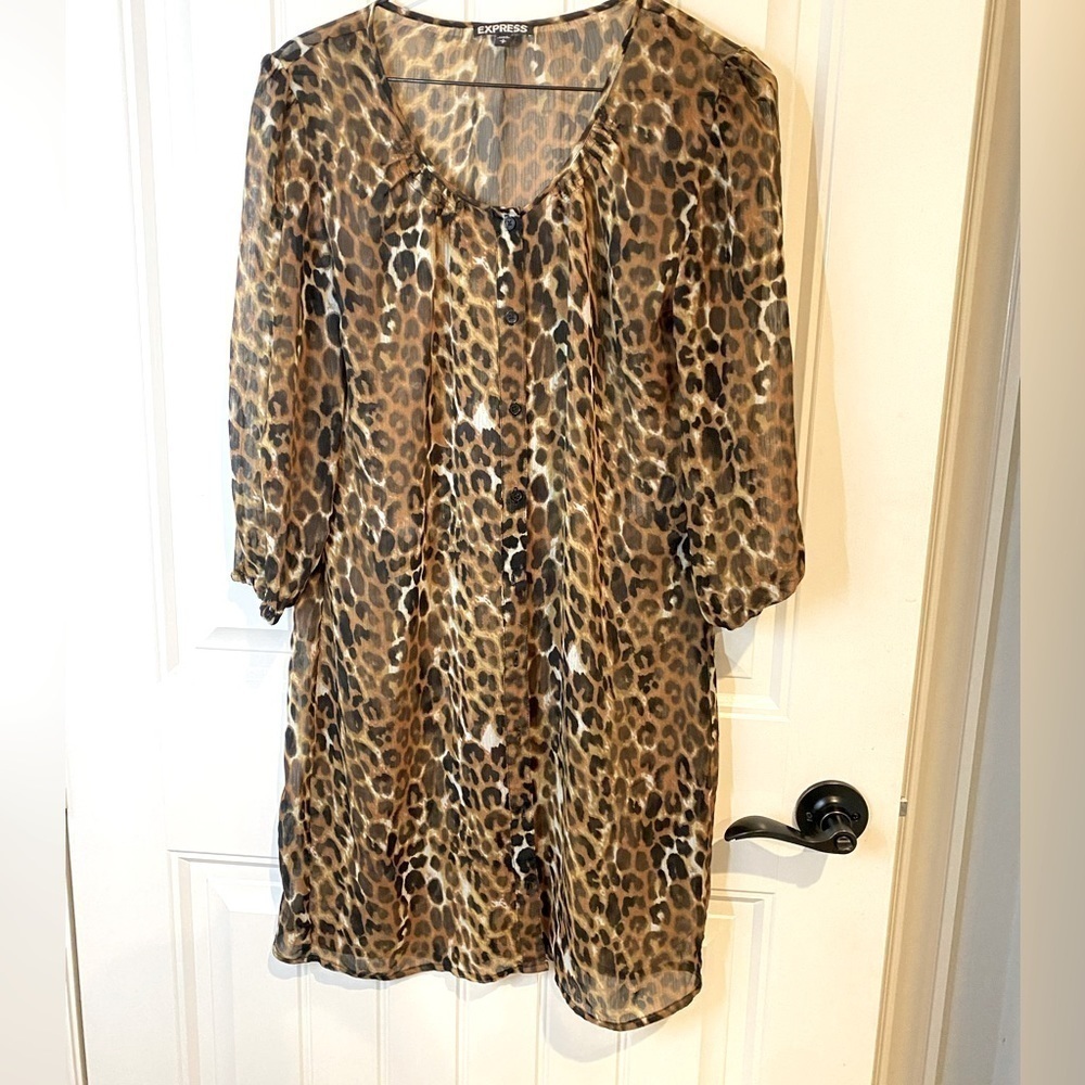 Express sheer leopard print button down tunic, sz Small, midi shirt dress